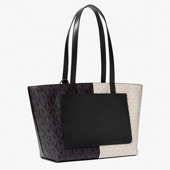 NWT MICHAEL Michael Kors Jet Set Travel Medium Two Tone Logo Tote Bag Black - Picture 2 of 15